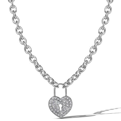 Jessica Simpson Silver-tone Pave Crystal Heart Lock Necklace In Metallic