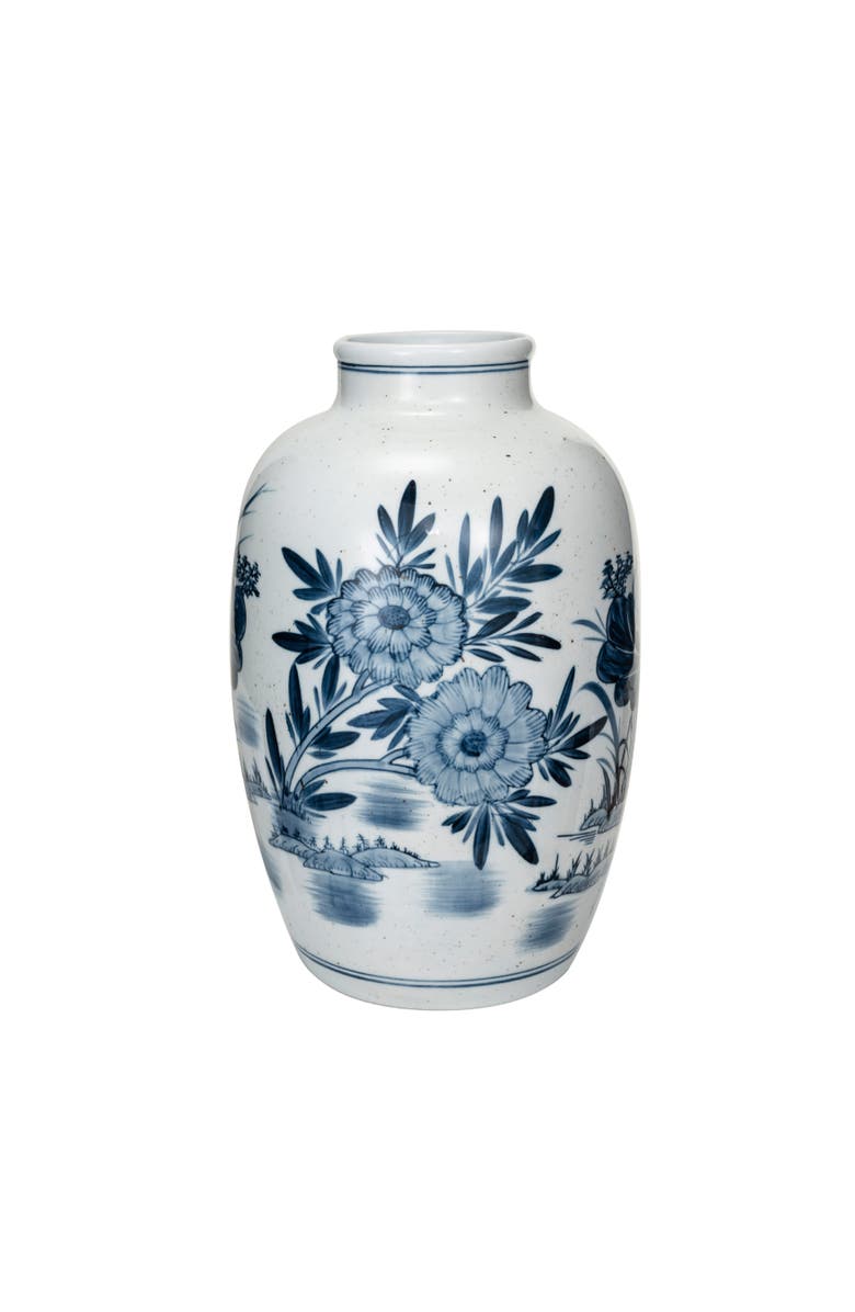 Storied Home Urn Shaped Hand-Painted Stoneware Vase with Wide Opening, Blue and White, Main, color, Blue