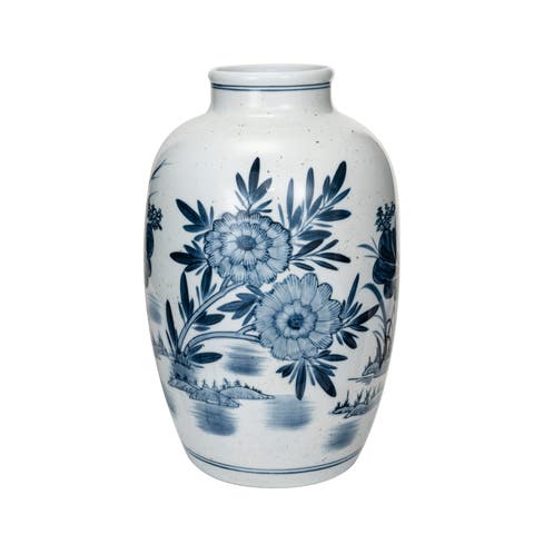 Urn Shaped Hand-Painted Stoneware Vase with Wide Opening, Blue and White