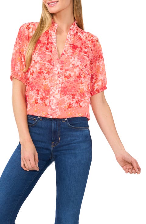 Ruffle Split Neck Short Sleeve Top