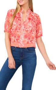 CeCe Ruffle Split Neck Short Sleeve Top