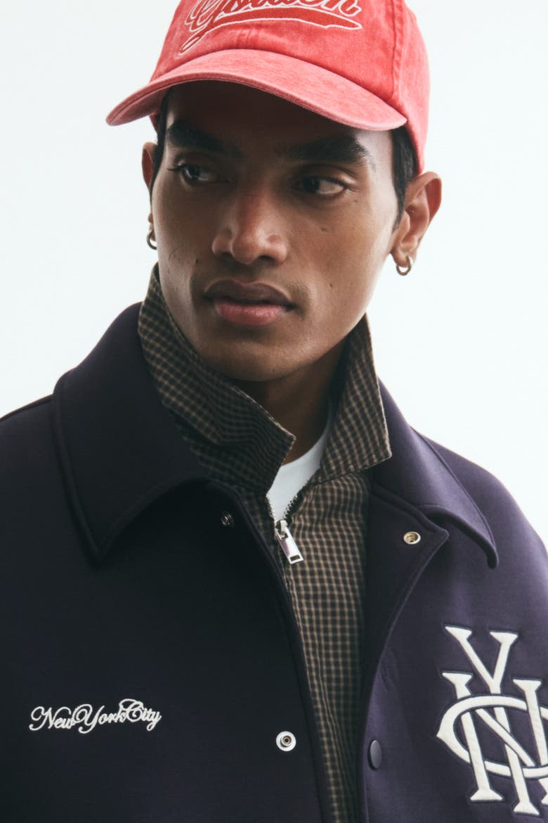 Scuba Knit Baseball Jacket, Alternate, color, Navy blue/NYC