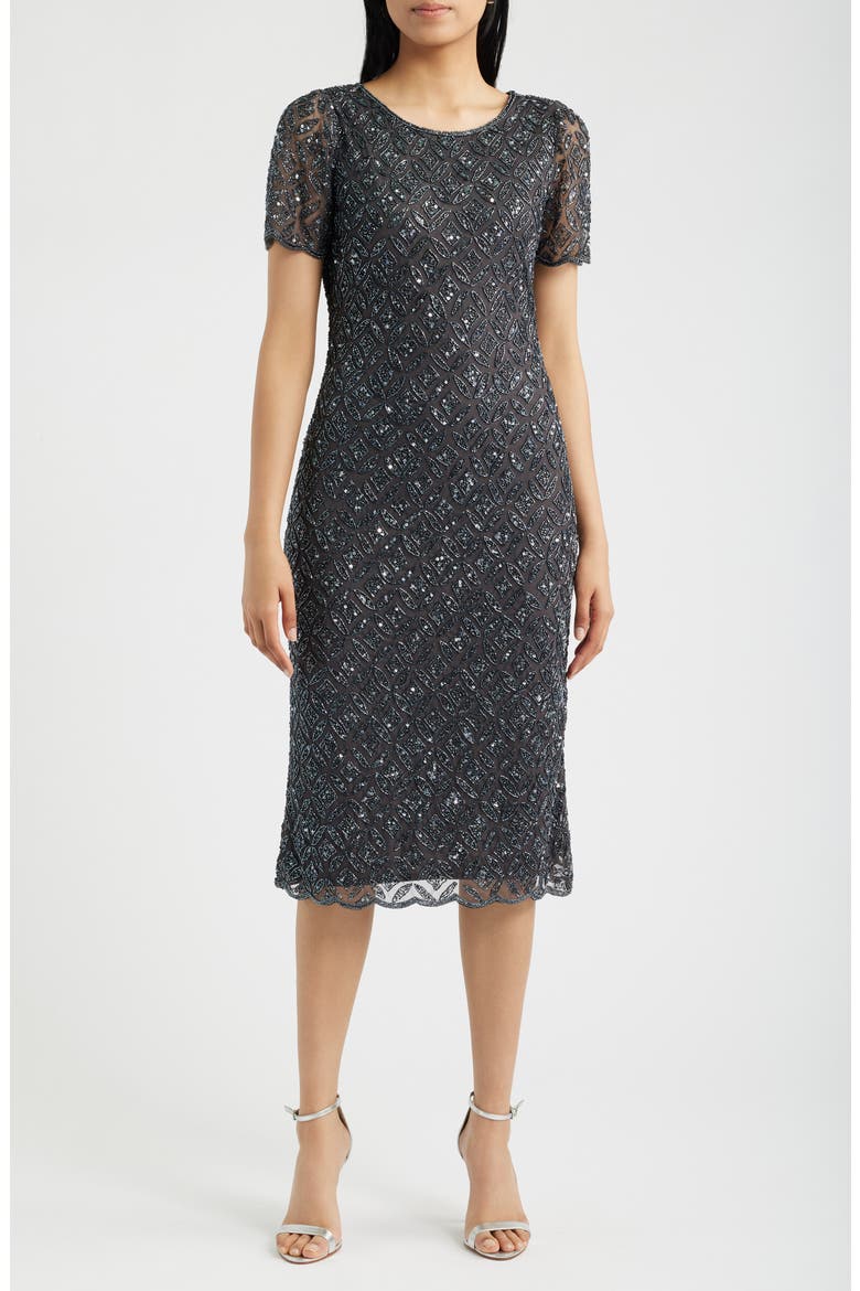 Beaded Midi Cocktail Dress, Main, color, SLATE 421