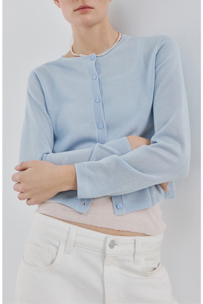 Fine Knit Crewneck Cardigan, Main, color, SKY BLUE