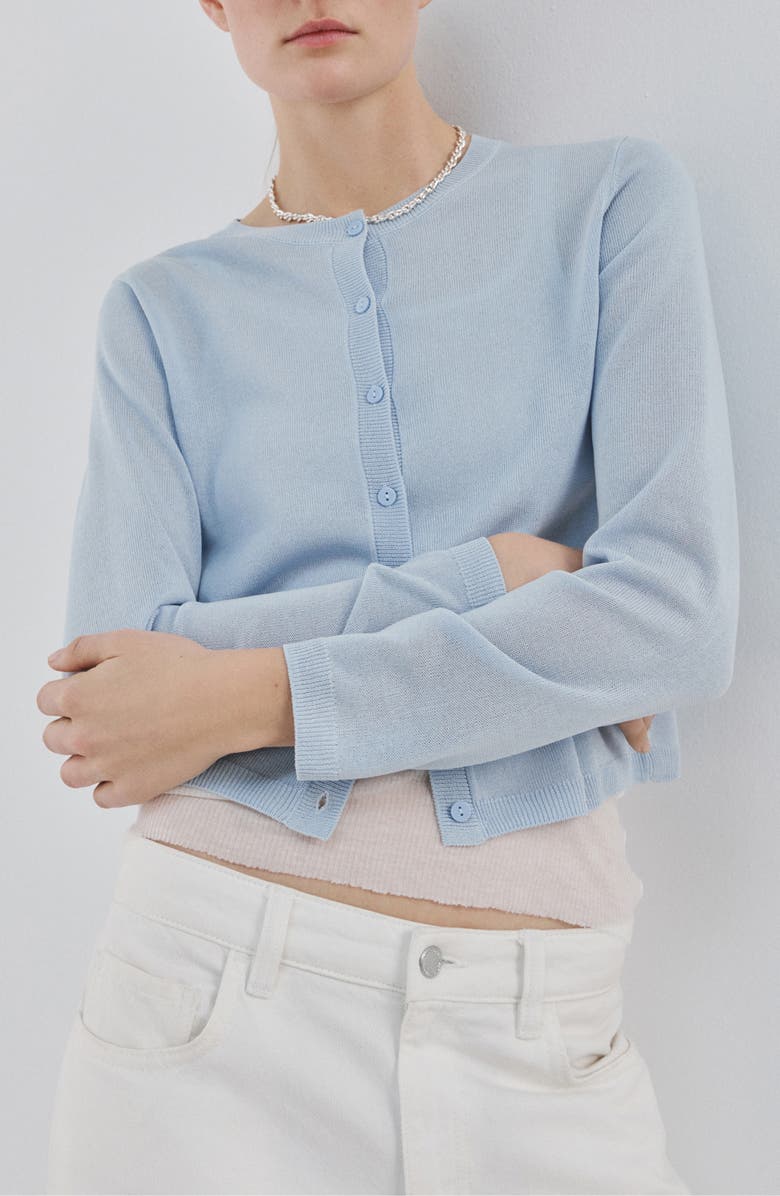 MANGO Fine Knit Crewneck Cardigan, Main, color, Sky Blue