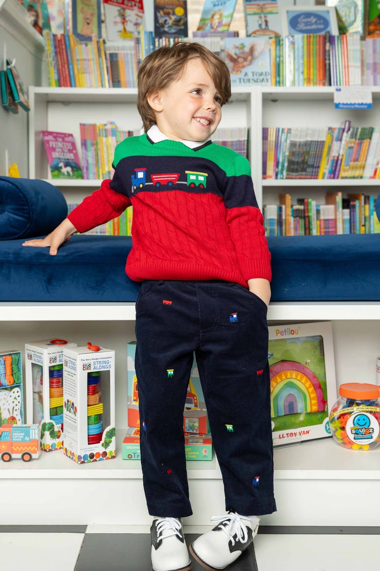 Corduroy Fake Fly Pants with Allover Embroidery, Alternate, color, Navy Corduroy
