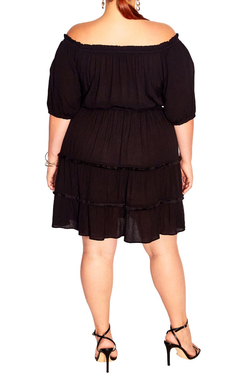 City Chic Fiesta Fringe Off the Shoulder Dress, Alternate, color, Black