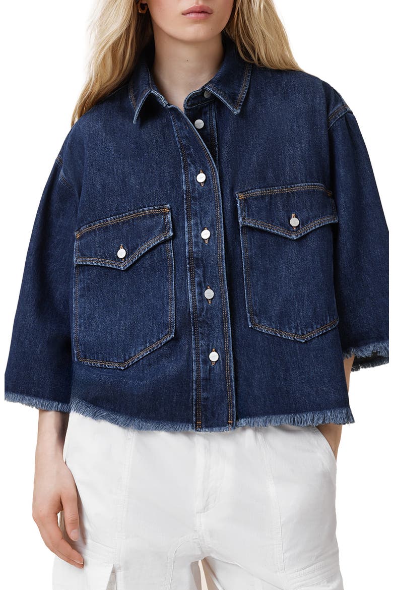 Faye Raw Hem Denim Shirt, Main, color, MID INDIGO