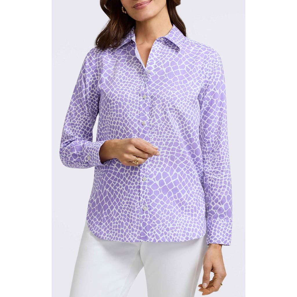Foxcroft Meghan Giraffe Print Linen Blend Button-up Shirt In Amethyst/white