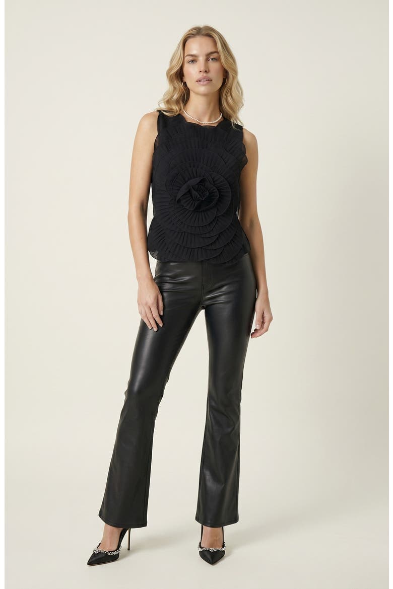 Pleated Floral Applique Sleeveless Top, Alternate, color, Black