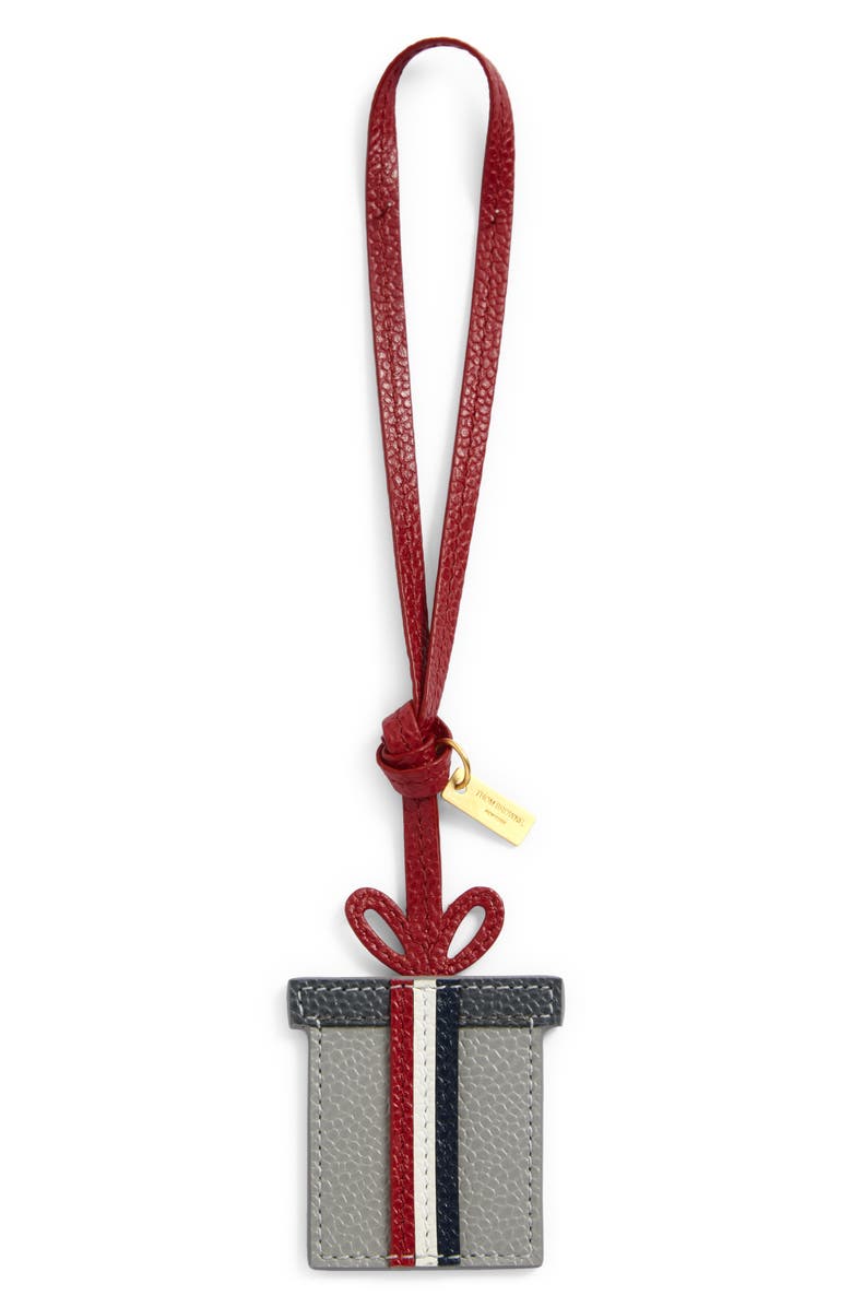Thom Browne Present Leather Bag Charm, Main, color, Light Grey