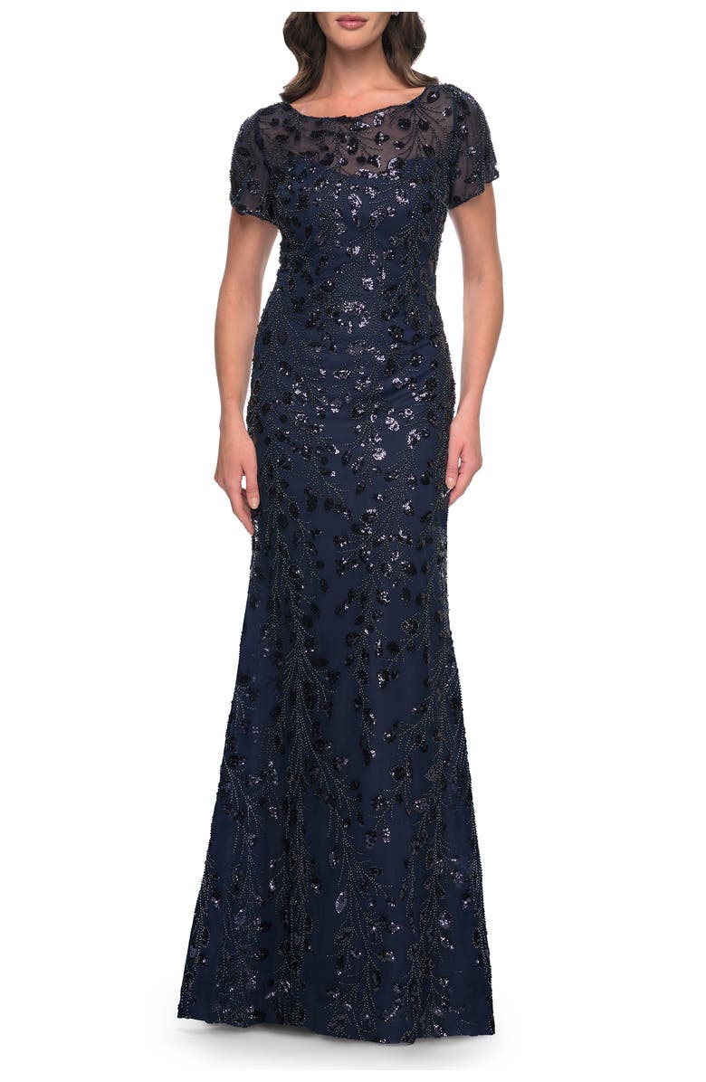 La Femme Beaded Sequin Chic Evening Dress with Illusion Top and Short Sleeves, Main, color, Navy