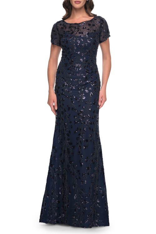 La Femme Beaded Sequin Chic Evening Dress With Illusion Top And Short Sleeves In Navy