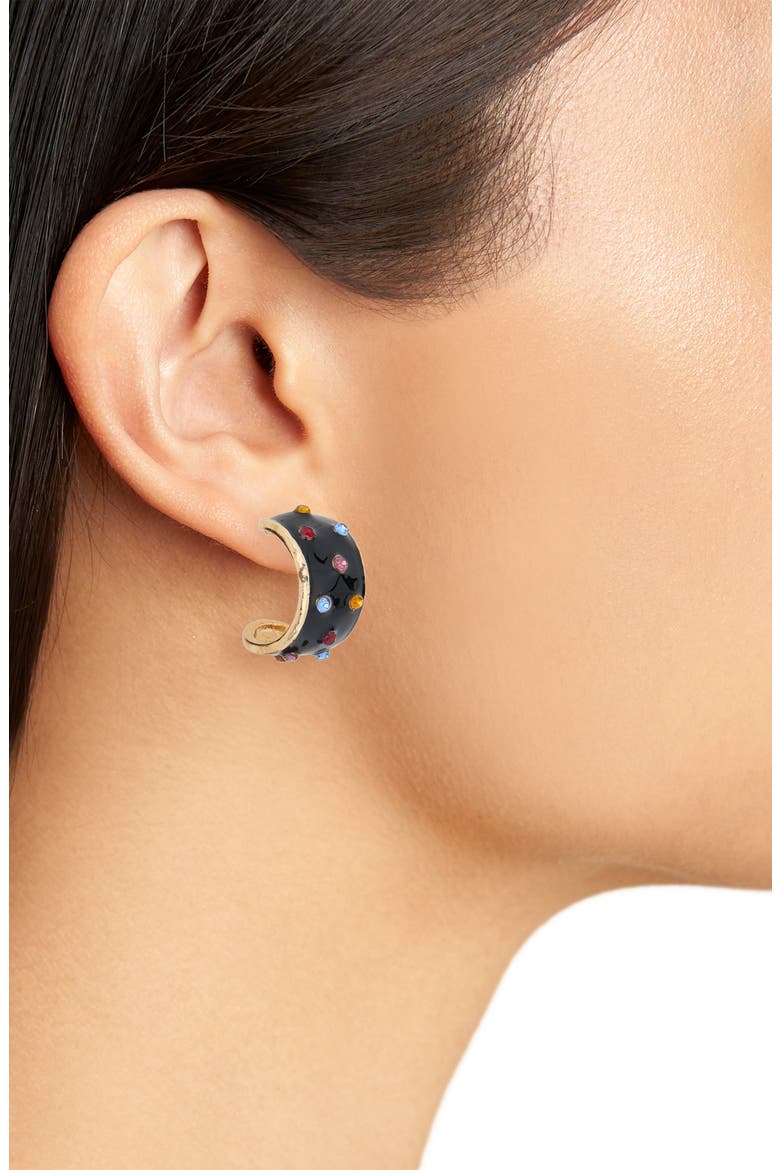 Set of 2 Enamel & Crystal Hoop Earrings, Alternate, color, BLACK-GREY