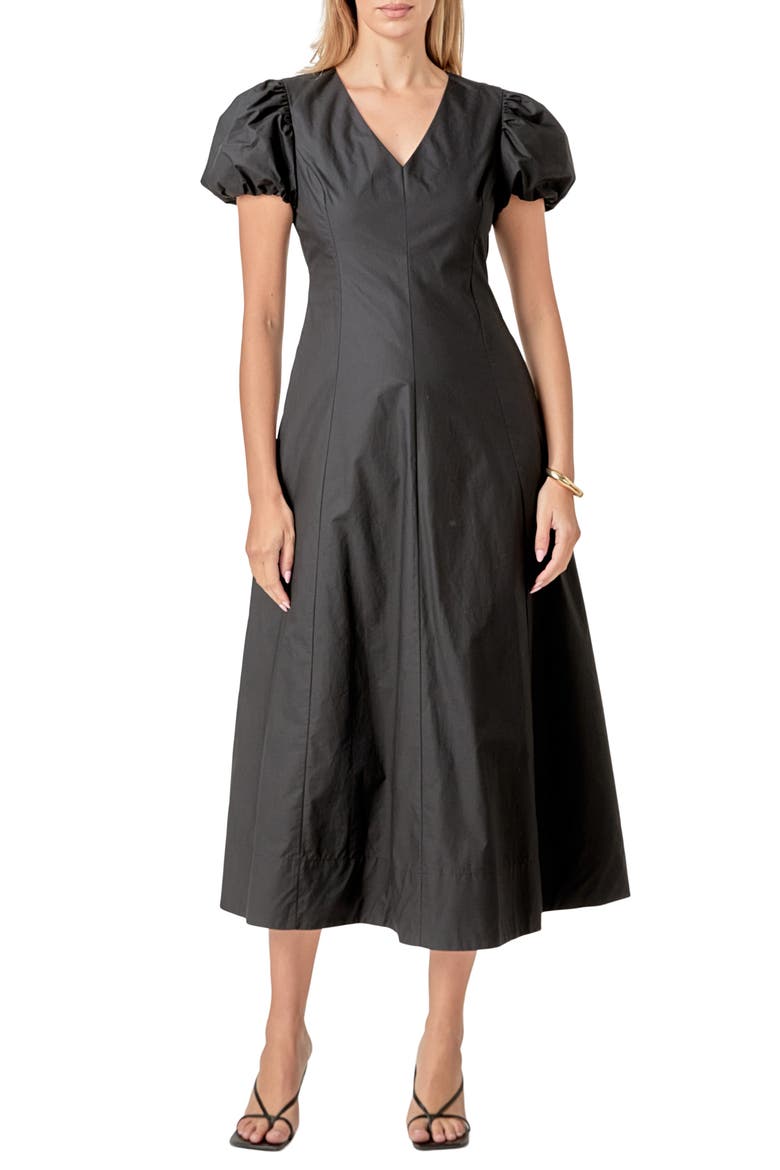 Puff Sleeve Fit & Flare Cotton Midi Dress, Main, color, BLACK