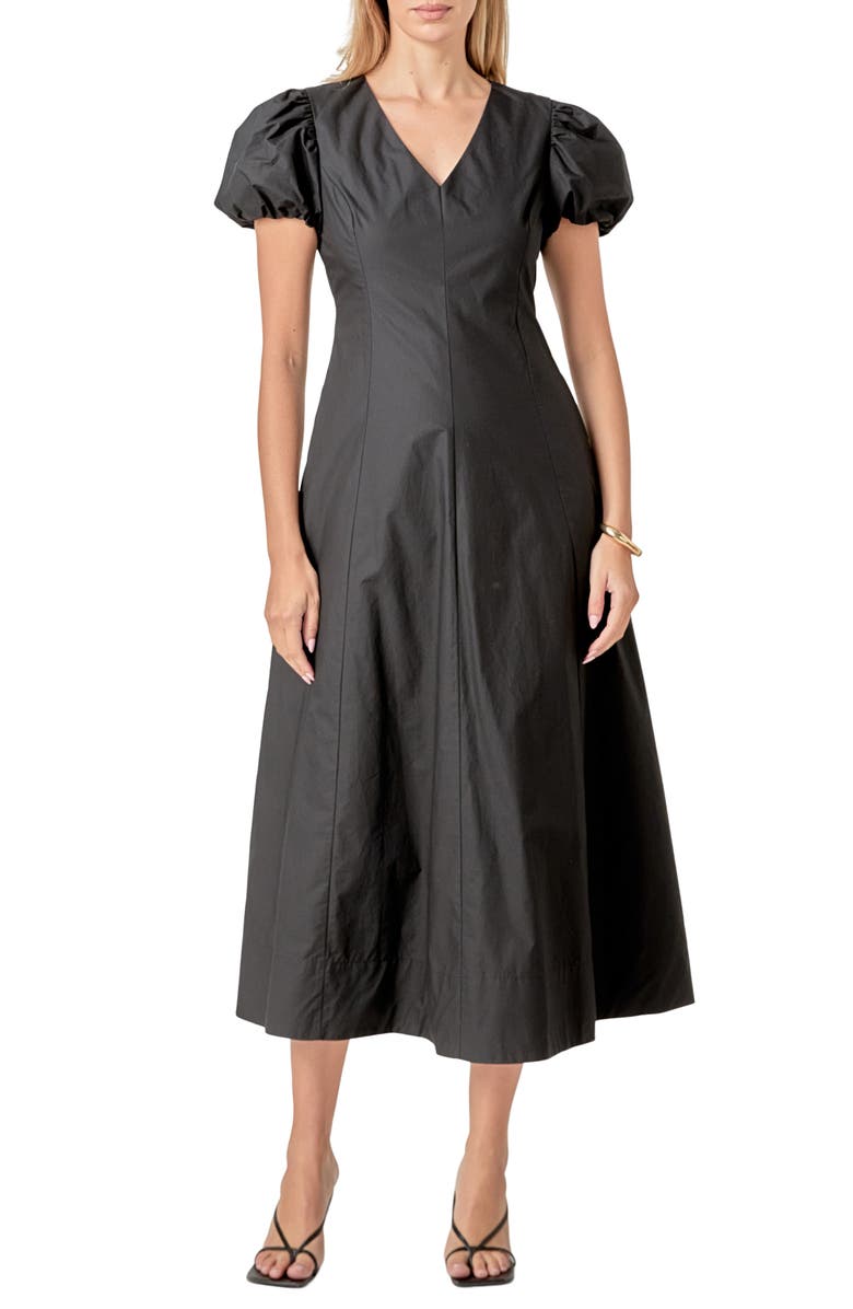 English Factory Puff Sleeve Fit & Flare Cotton Midi Dress, Main, color, Black