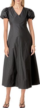 English Factory Puff Sleeve Fit & Flare Cotton Midi Dress