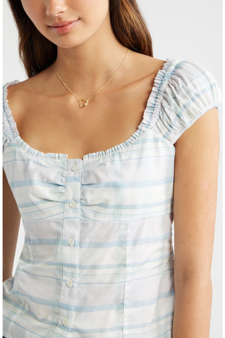 Ruffle Trim Cap Sleeve Cotton Top, Alternate, color, IVORY- BLUE MAGDA PLAID