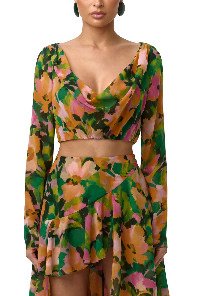 Floral Long Sleeve Chiffon Crop Top, Main, color, SECRET GARDEN