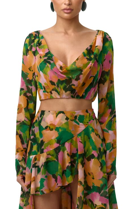 Floral Long Sleeve Chiffon Crop Top