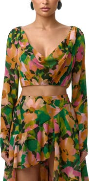 Naked Wardrobe Floral Long Sleeve Chiffon Crop Top
