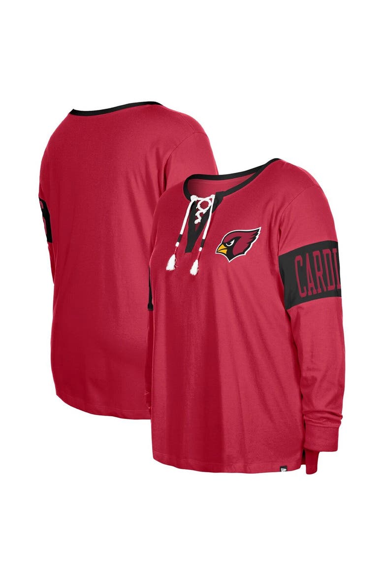 Women's New Era  Cardinal Arizona Cardinals Plus Size Lace-Up Notch Neck Long Sleeve T-Shirt, Main, color, Cardinal