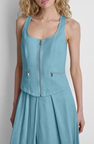 DKNY Linen Blend Sleeveless Zip Front Top