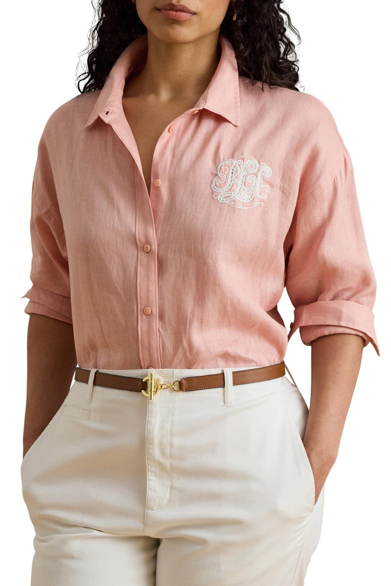 Relaxed Fit Eyelet Logo Embroidered Linen Button-Up Shirt, Main, color, PINK RHODONITE