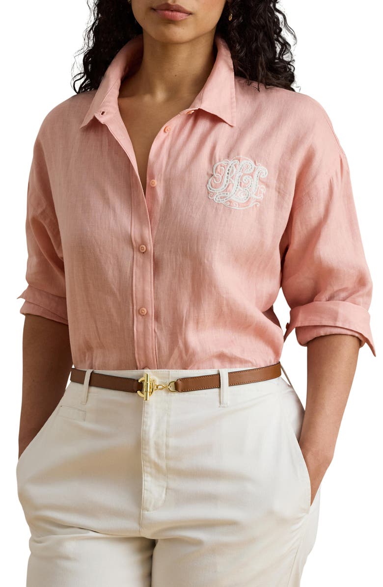 Lauren Ralph Lauren Relaxed Fit Eyelet Logo Embroidered Linen Button-Up Shirt, Main, color, Pink Rhodonite