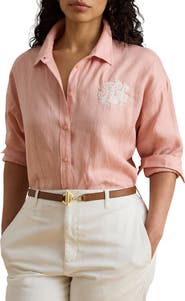 Lauren Ralph Lauren Relaxed Fit Eyelet Logo Embroidered Linen Button-Up Shirt