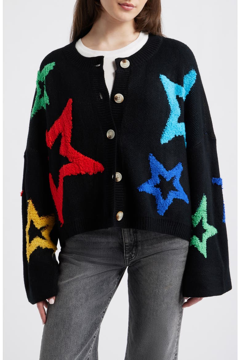 Dream of Me Boxy Cardigan, Main, color, BLACK WITH MULTICOLOR STARS