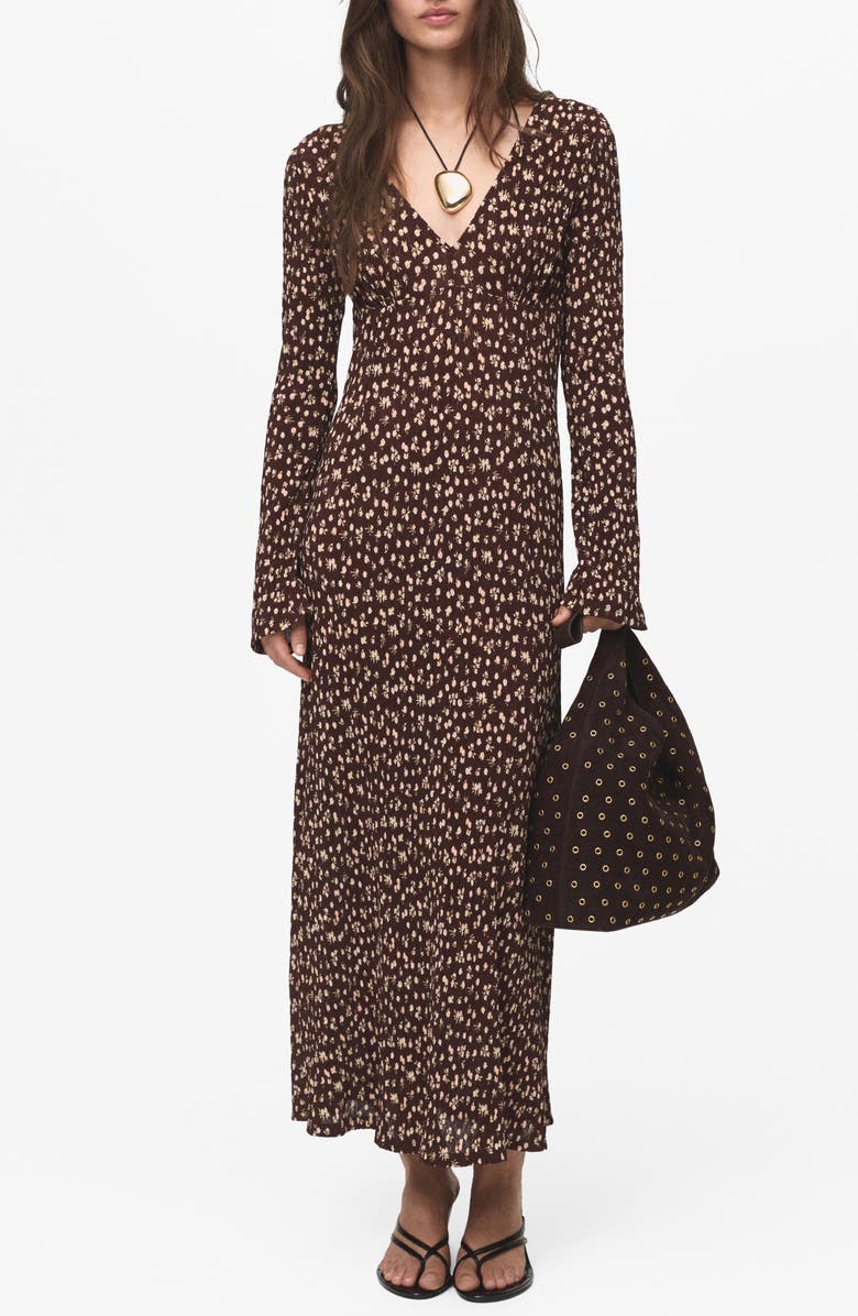 MANGO Print Long Sleeve Maxi Dress, Main, color, Brown