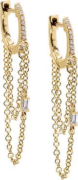 BY ADINA EDEN Diamond Baguette Double Chain Huggie Earring 14K