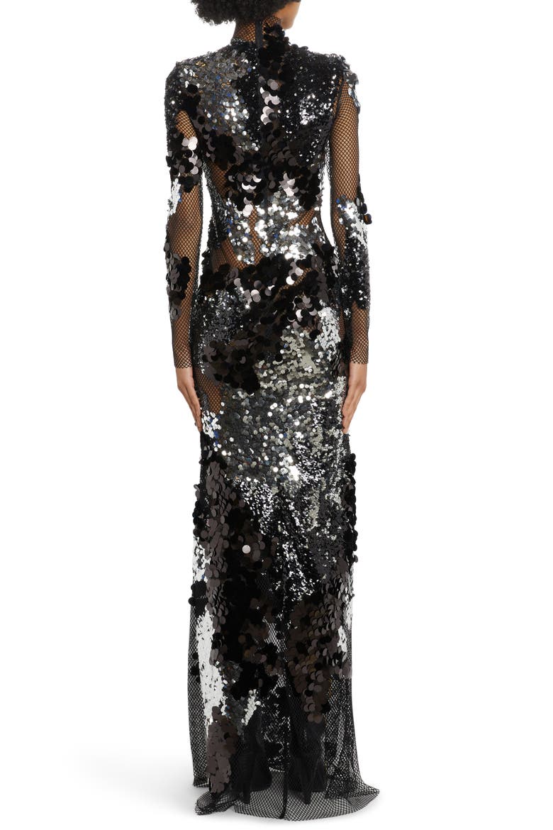 Long Sleeve Sequin & Mesh Gown, Alternate, color, BLACK/ SILVER