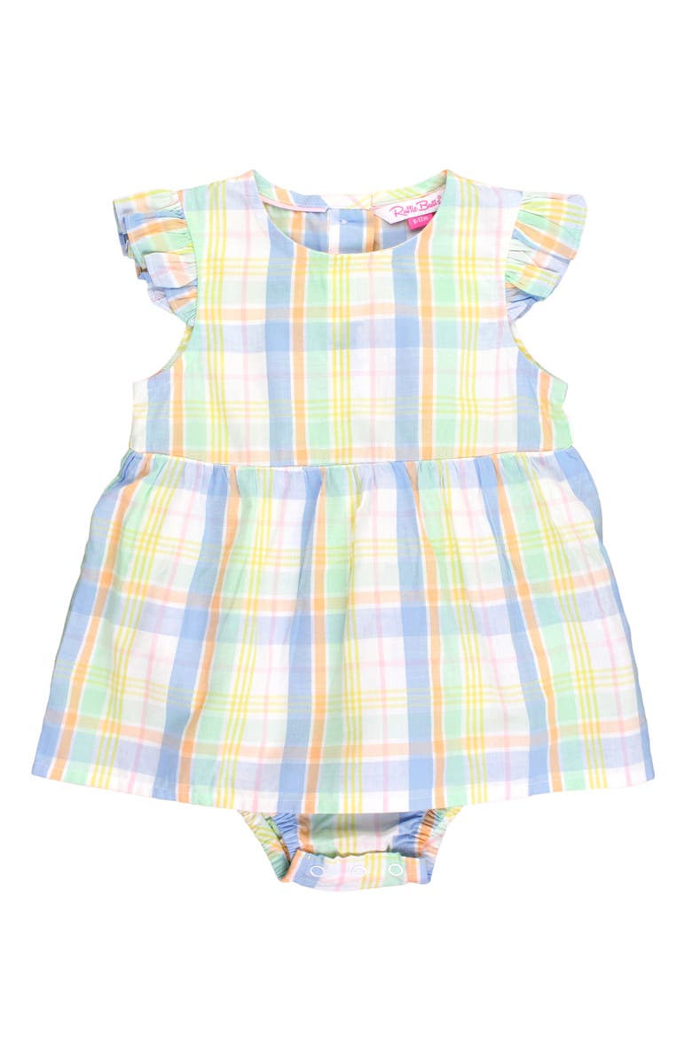 RuffleButts Kids' Rainbow Plaid Skirted Romper, Main, color,