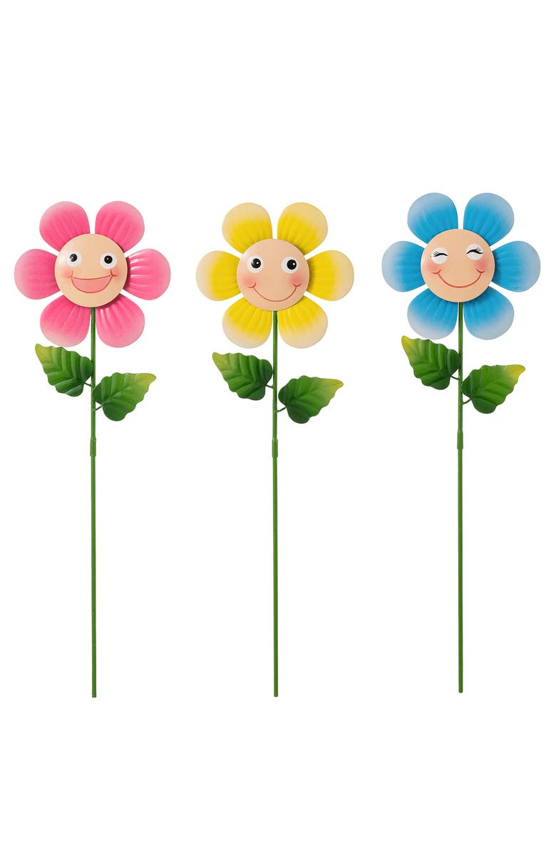 Glitzhome Set of 3 Metal Happy Face Flower Hydrangea Picks Wall Decor, Main, color, Blue
