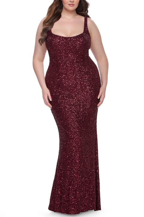 Plus Size Prom Dress in Stretch Sequin and Square Neckline