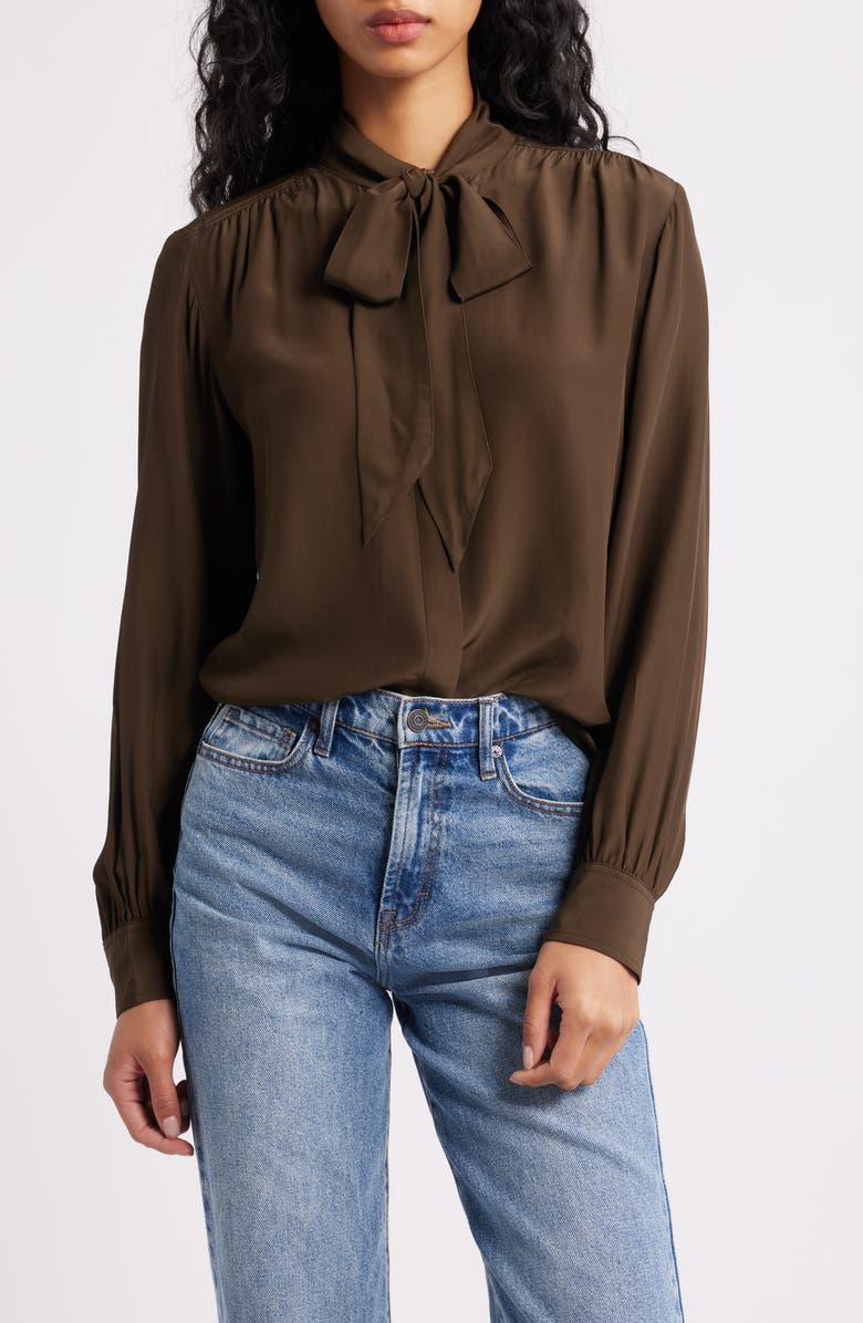 Madewell Tie Neck Long Sleeve Top, Main, color, Dark Mocha