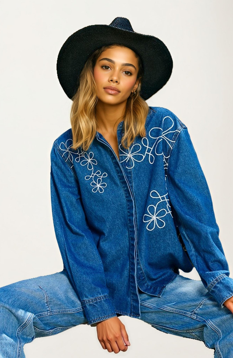 Knit and Lounge Oversized Denim Shirt with Floral Embroidery, Alternate, color,
