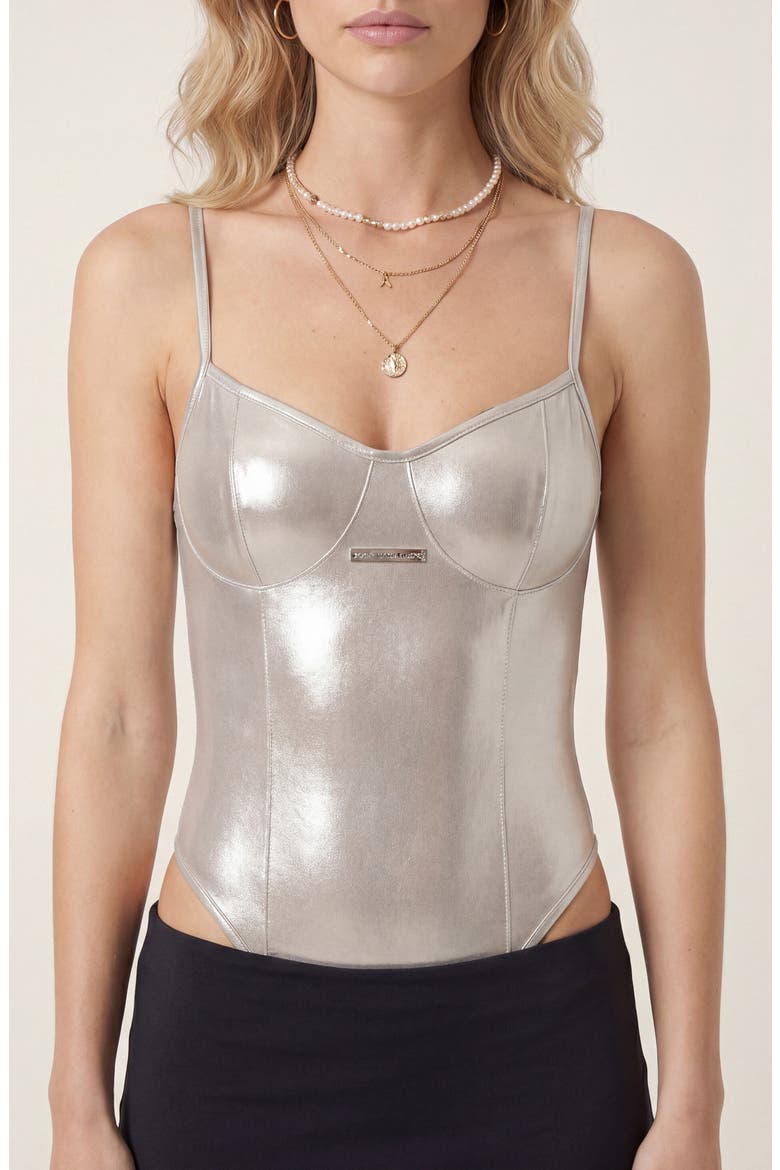 Sculpted Strap Bodysuit, Alternate, color, Metallic Silver