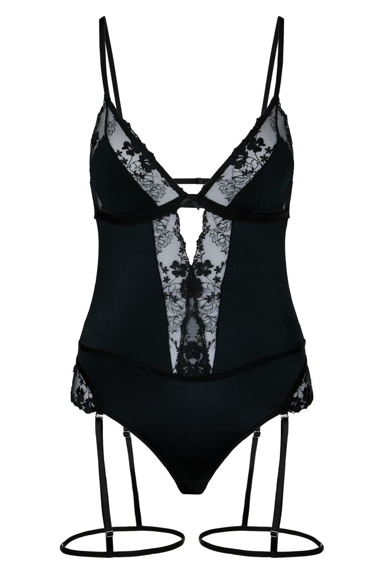 Peonie Lace Bodysuit with Garters, Alternate, color, CAVIAR