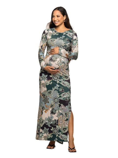 Paisley Print Long Sleeve Side Slit Maxi Dress