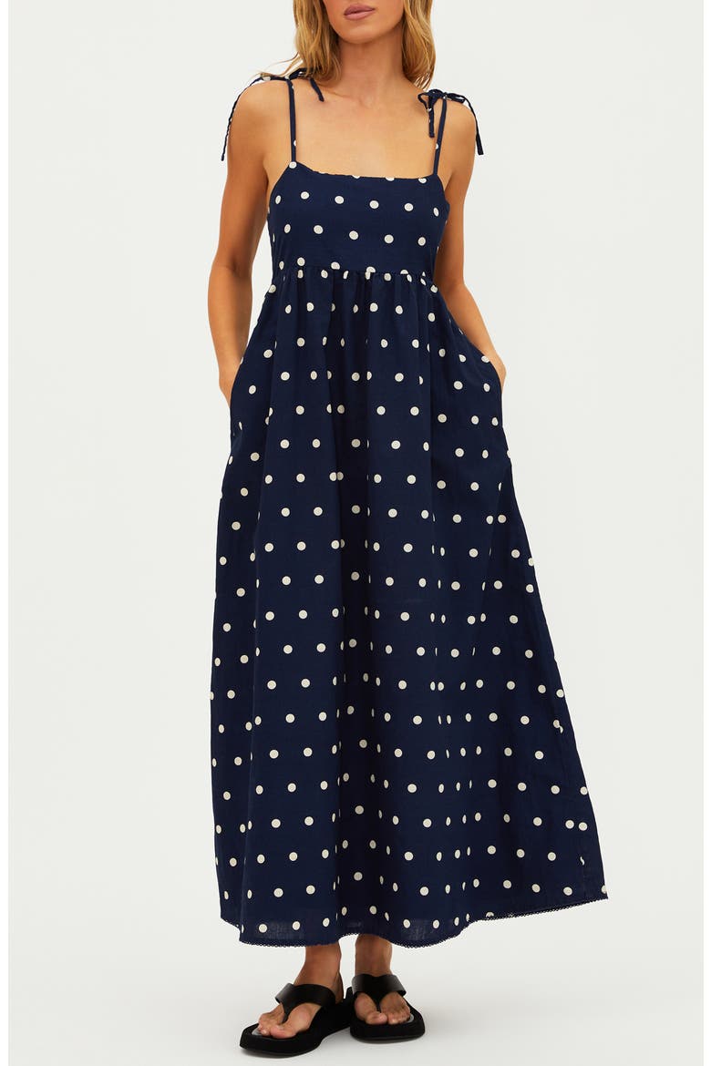 Valory Tie Strap Cotton & Linen Cover-Up Maxi Dress, Main, color, NAVY POLKA DOT