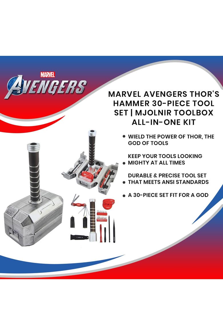 Marvel Avengers Thor's Hammer 30-Piece Tool Set | Mjolnir Toolbox All-In-One Kit, Alternate, color, Grey