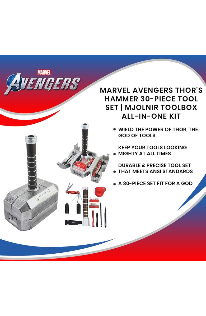 Toynk Marvel Avengers Thor's Hammer 30-Piece Tool Set | Mjolnir Toolbox All-In-One Kit, Alternate, color, Grey