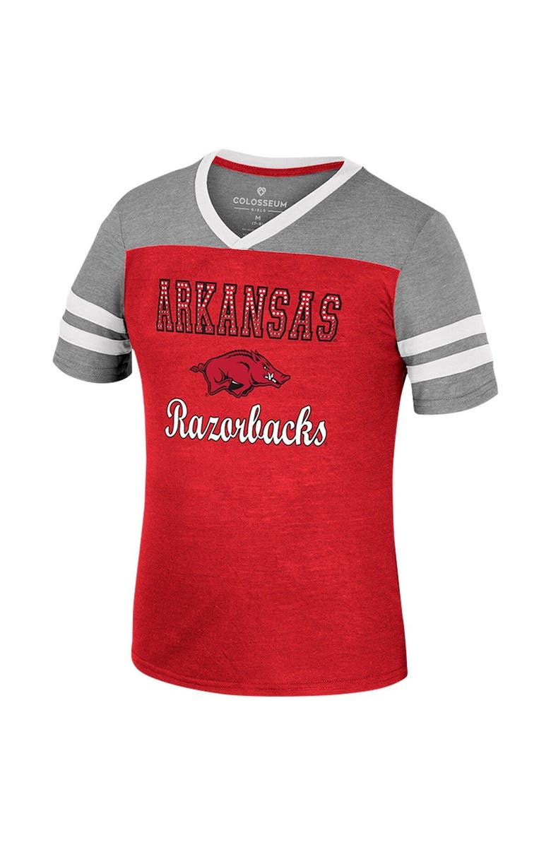 COLOSSEUM Girls Youth Colosseum Cardinal/Heather Gray Arkansas Razorbacks Summer Striped V-Neck T-Shirt, Alternate, color, 