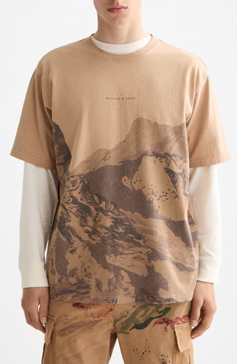 Loose Fit Mountain Print Overdye Cotton T-Shirt