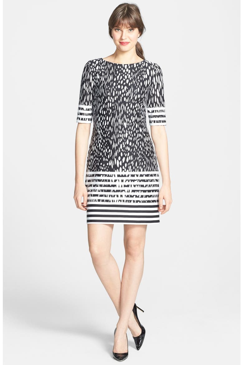 Border Print Ponte Shift Dress, Alternate, color, IVORY/ BLACK