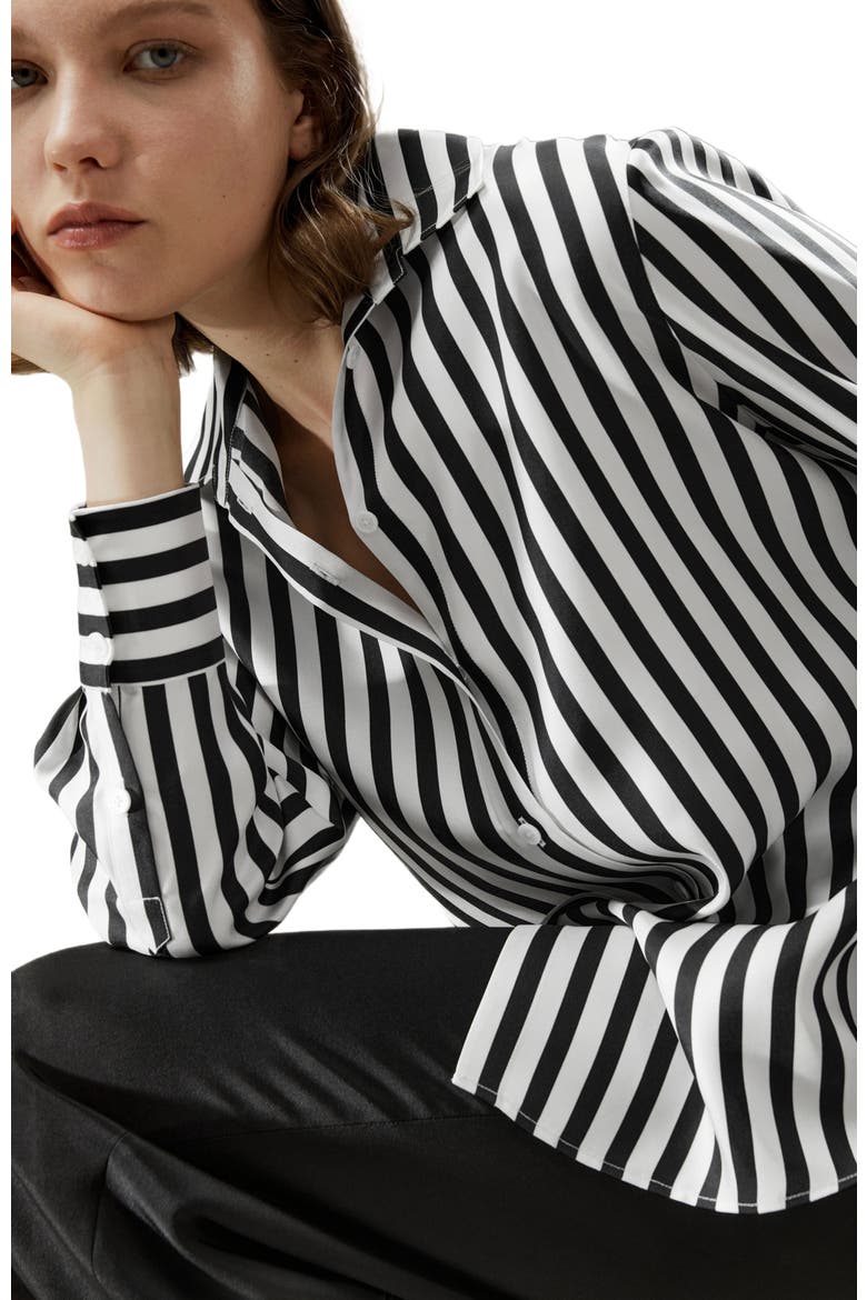 Classic Striped Silk Shirt, Alternate, color, Black-White Pinstripes