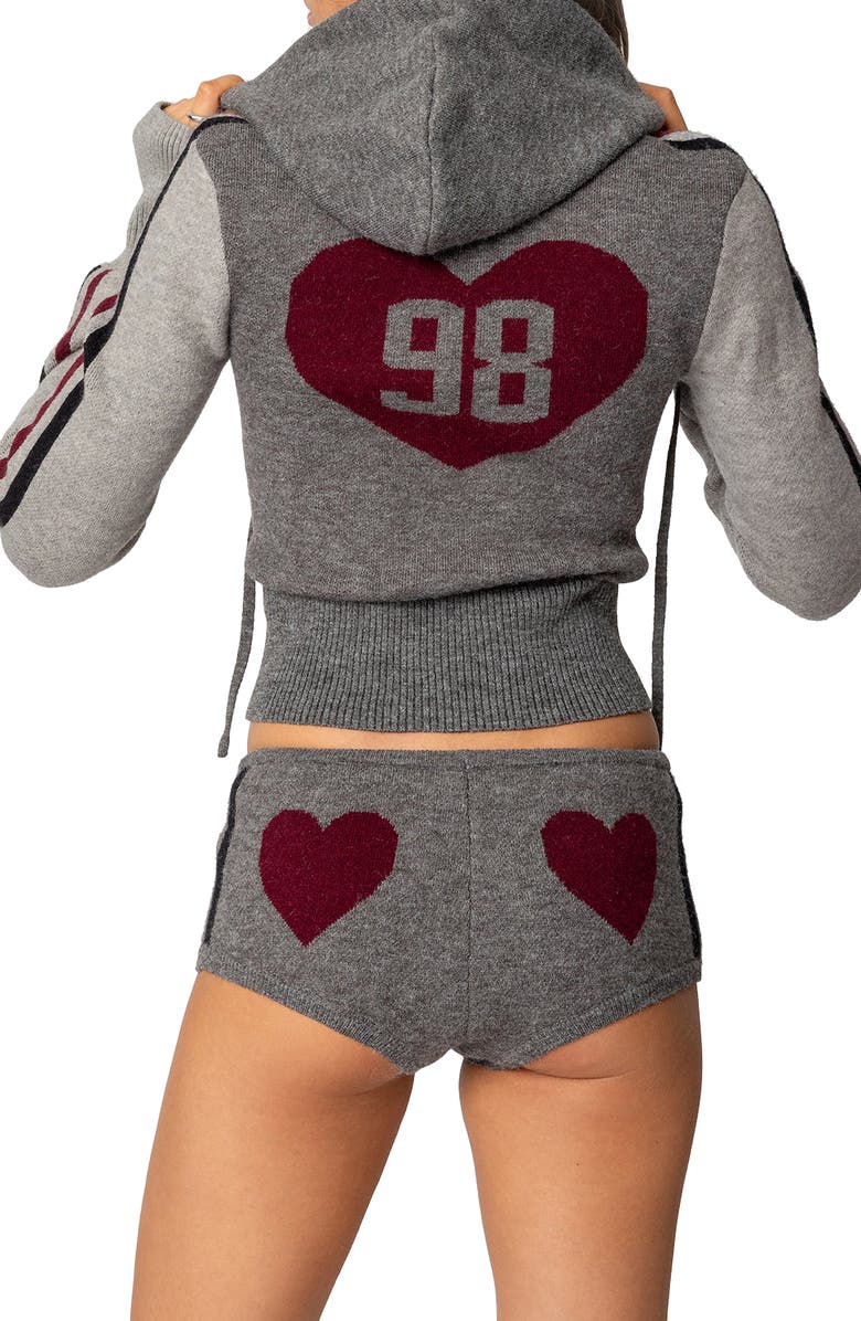 EDIKTED Intarsia Heart Hooded Zip Cardigan, Alternate, color, Gray